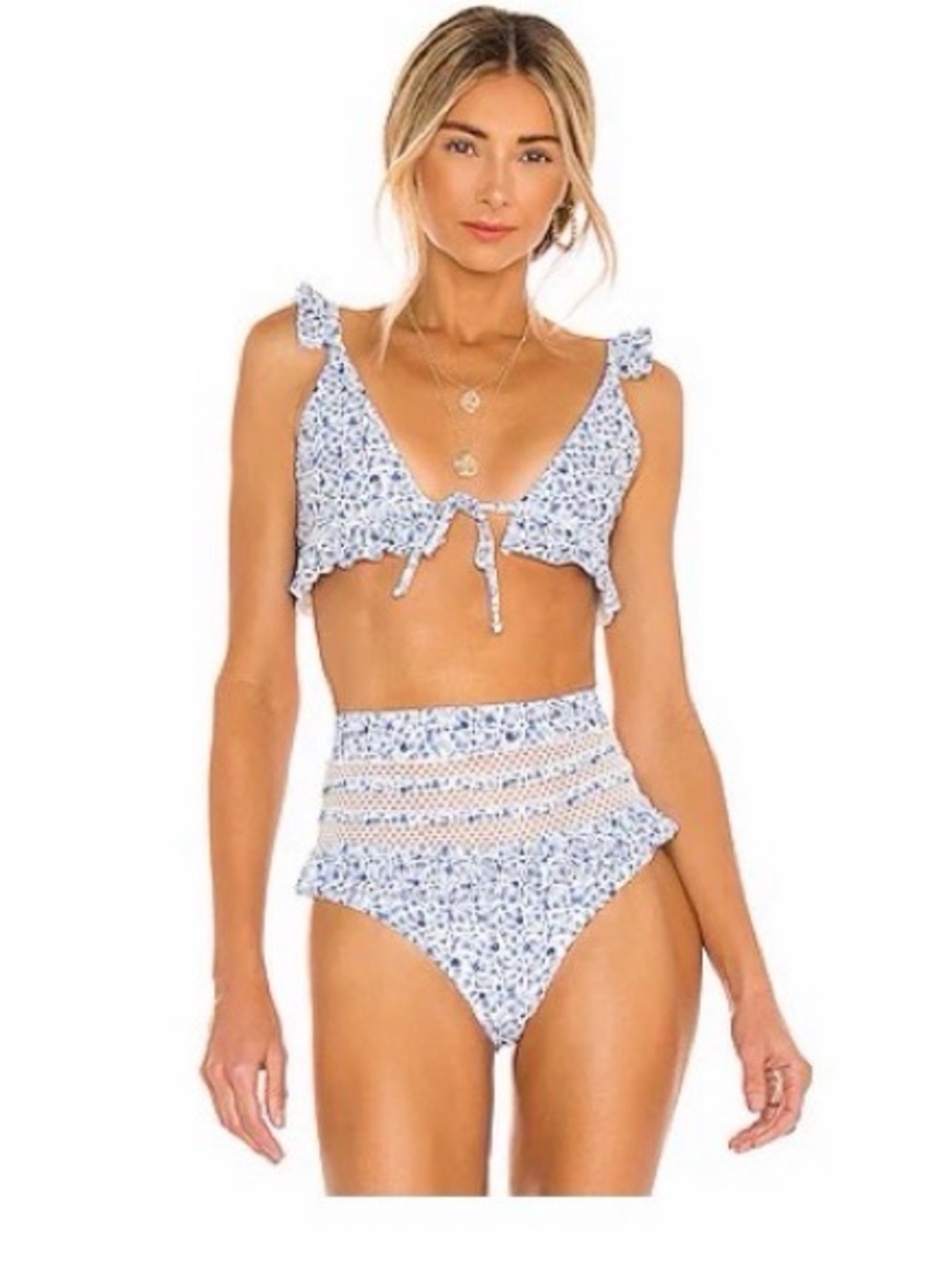 Tularosa White and Light Blue Floral High-Waist Bikini